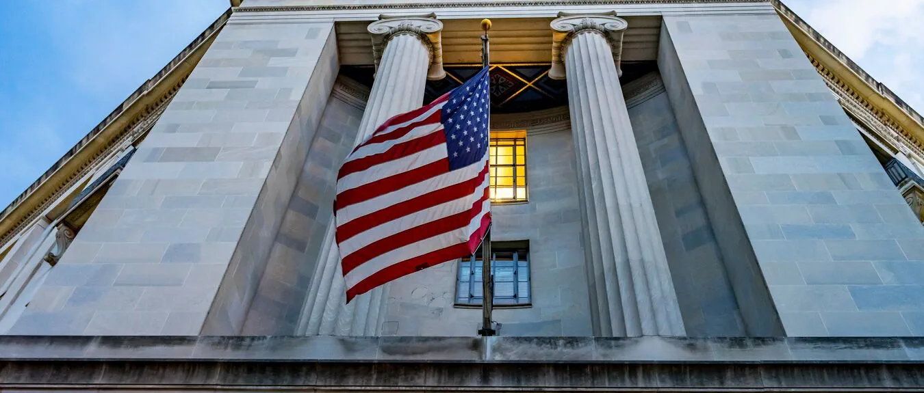 Justice Department, Federal Court, Washington DC, USA, Flag